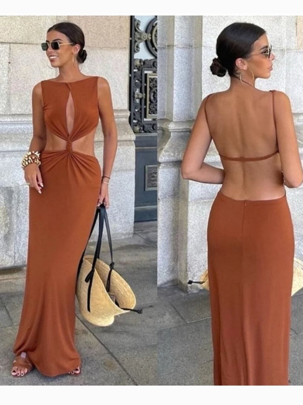 Zara Cut Out Maxi Dress Brown - Picture 1 of 13